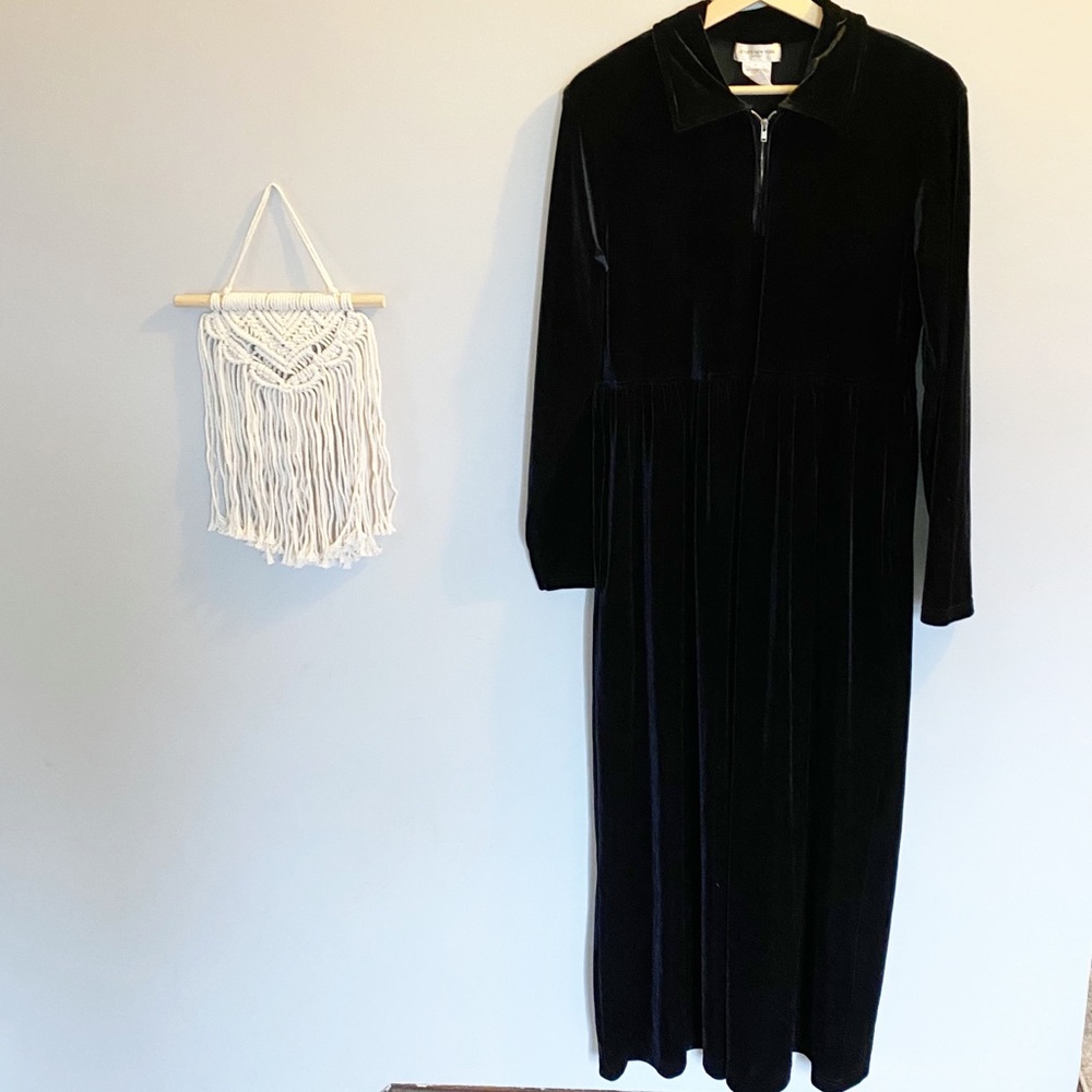 Long sleeved collared black velvet dress